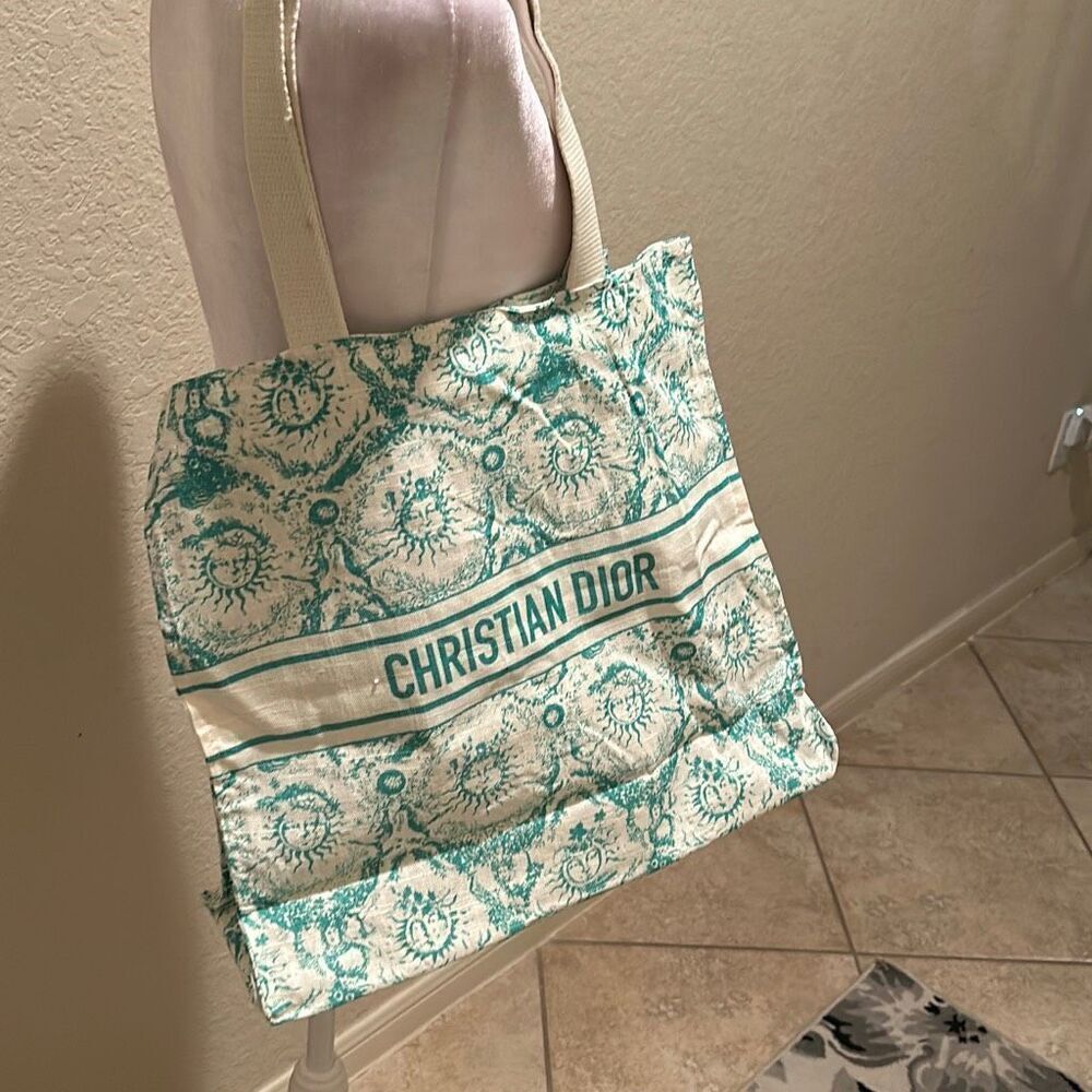 Christian Dior Canvas Tote Green White Celestial Sun Print Dioriviera Beach Bag - Picture 3 of 8